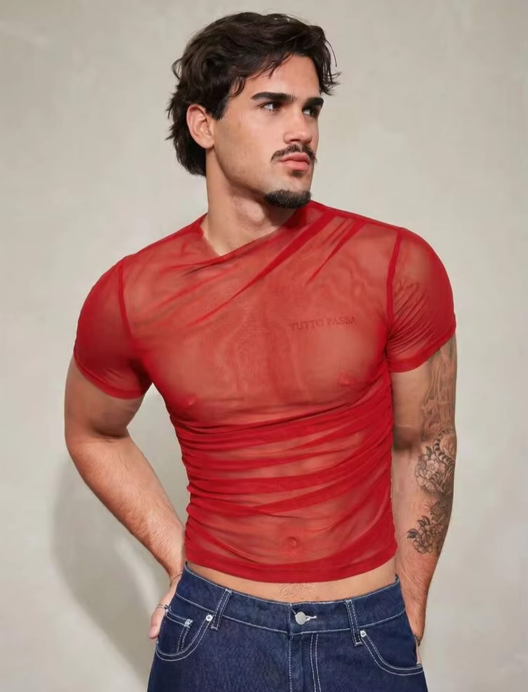 Men's Red Sheer Mesh Short Sleeve Muscle Fit Ruched T-Shirt